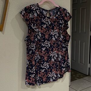 Navy Floral Flutter-Sleeve Blouse - Women's